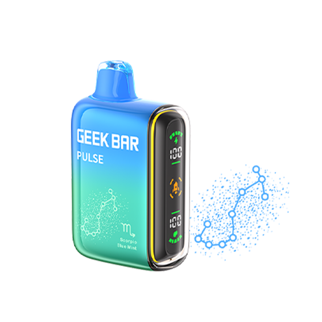 Geek Bar Pulse device with blue and green design on a white background. Featuring their zodiac series - Scorpio Blue Mint