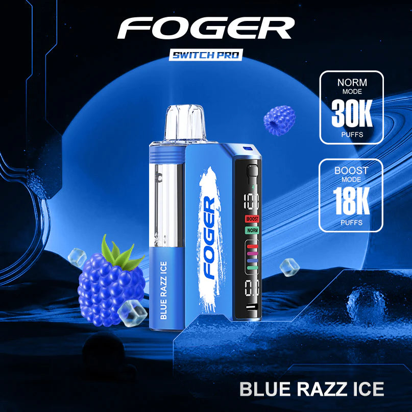 Foger Switch Pro vape device with blue and white design on a blue gradient background