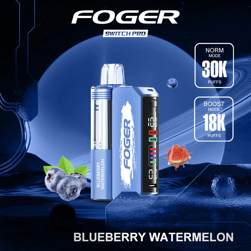 Foger Switch Pro vape device with blueberry watermelon flavor on a blue and black background