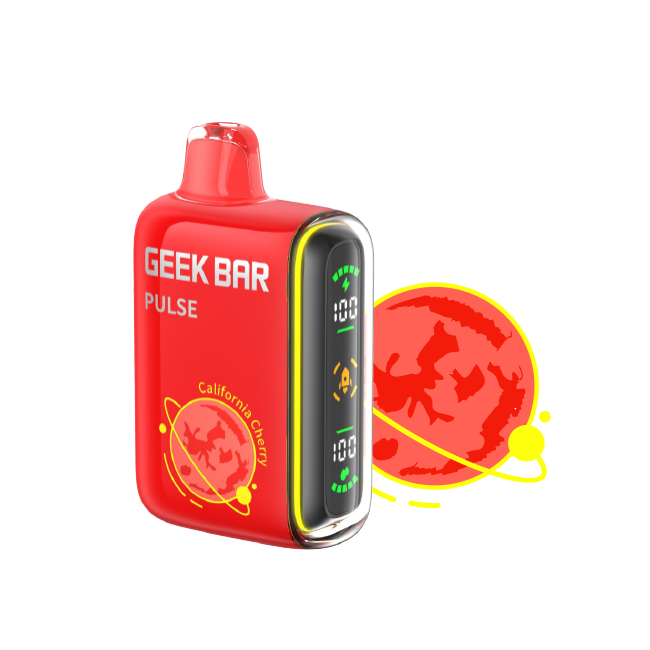 Red Geek Bar Pulse vape device with digital display on a white background. Featuring their planet series- California cherry flavor.