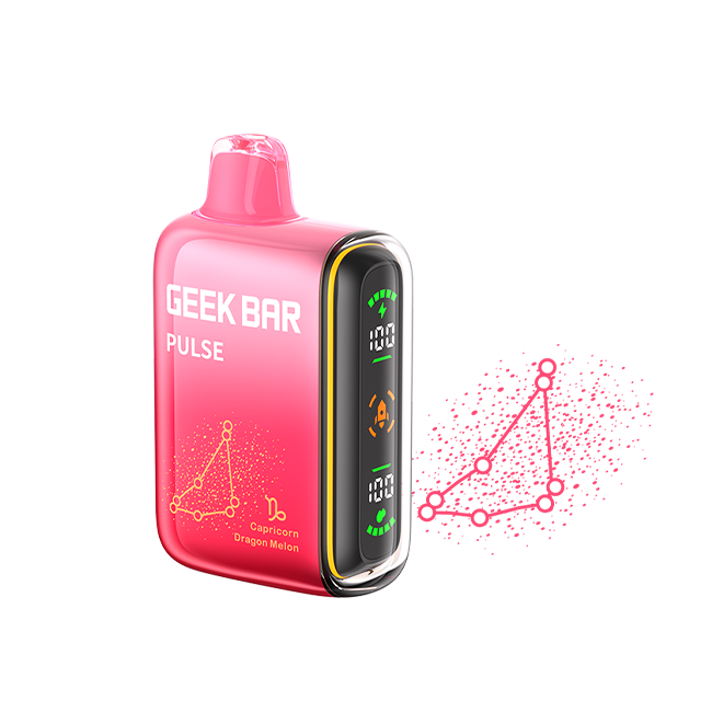 Pink 'GEEK BAR' device with digital display on a white background. Zodiac series vape, Capricorn Dragon Melon