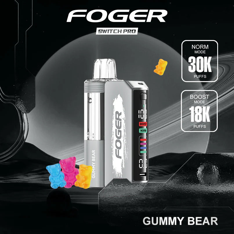 Foger Switch Pro vape device with gummy bear flavors on a dark background