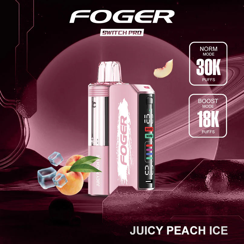 Foger Switch Pro vape device with 'Juicy Peach Ice' flavor on a dark background
