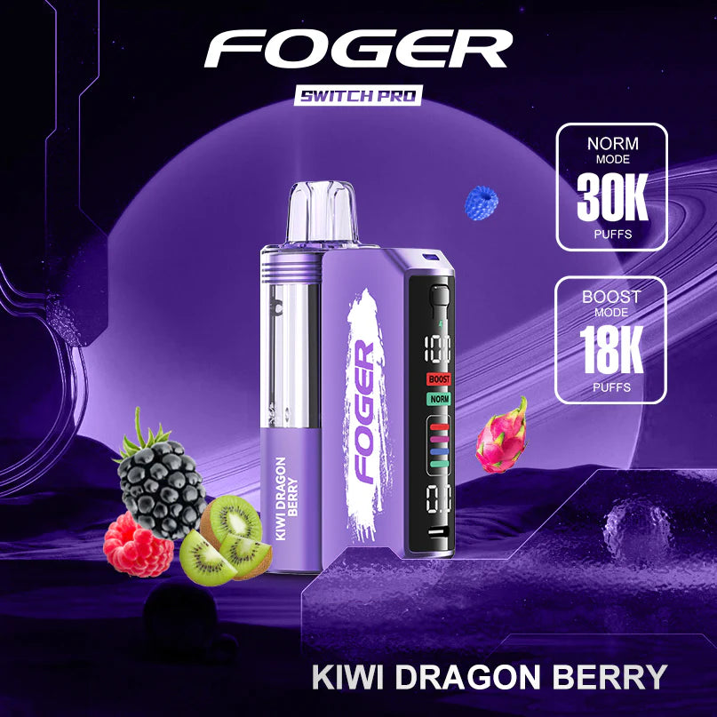 FOGER Switch Pro vape device with 'Kiwi Dragon Berry' flavor on a purple background