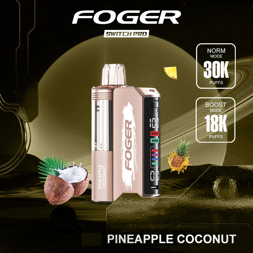 Foger Switch Pro vape device with pineapple and coconut graphics on a dark background