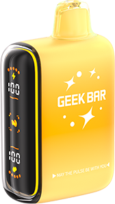 Yellow vape device with digital display labeled 'Geek Bar' on a black background