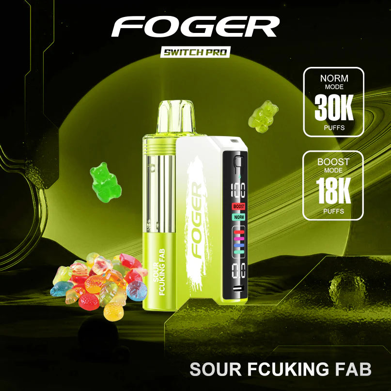 FOGER Switch Pro vape device with colorful gummy bears on a dark background