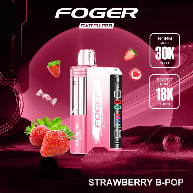Foger Switch Pro strawberry flavored vape device with strawberry graphics on a dark background