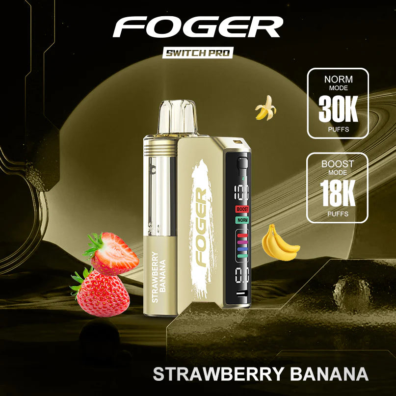 FOGER Switch Pro vape device with strawberry and banana graphics on a dark background