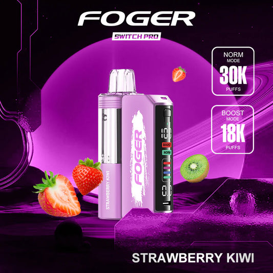 FOGER Switch Pro vape device with strawberry and kiwi on a purple background