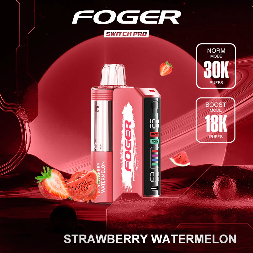 FOGER Switch Pro strawberry watermelon vape device on a red background with fruit graphics.