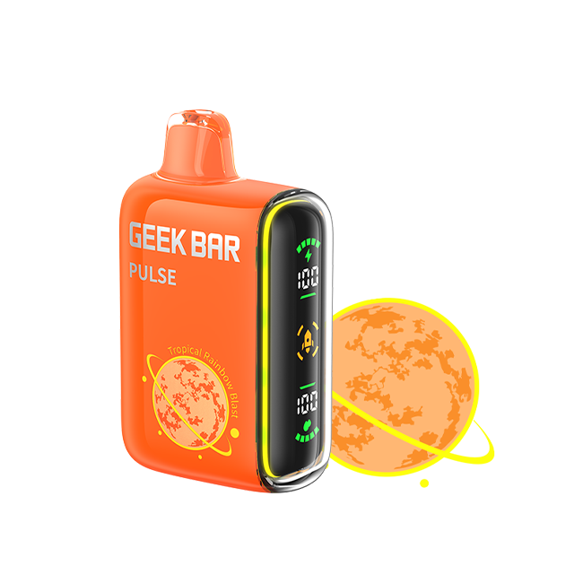 Orange vape device with digital display and 'Geek Bar' branding on a white background. Featuring Geekbar’s planet series- tropical rainbow blast