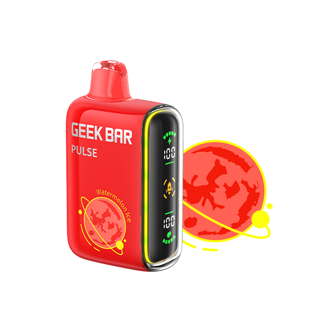 Red 'GEEK BAR' vape device with digital display on a white background. Featuring their plant series - watermelon ice