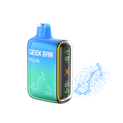 Geek Bar Pulse device with blue and green design on a white background. Featuring their zodiac series - Scorpio Blue Mint