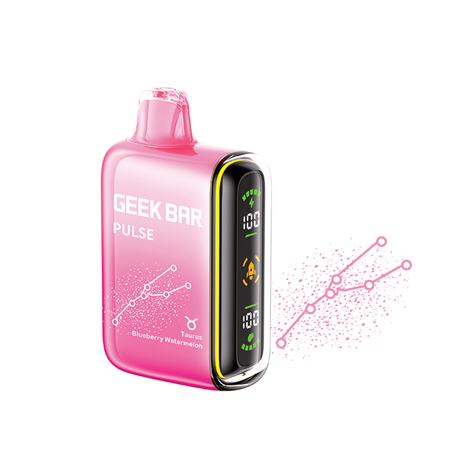 Pink vape device with digital display on a white background. Featuring GeekBar’s Zodiac series - Taurus Blueberry Watermelon