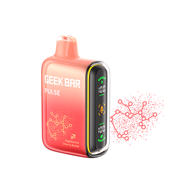 Geek Bar Pulse vape device with digital display on a white background. Featuring their zodiac series - Sagittarius cherry bomb