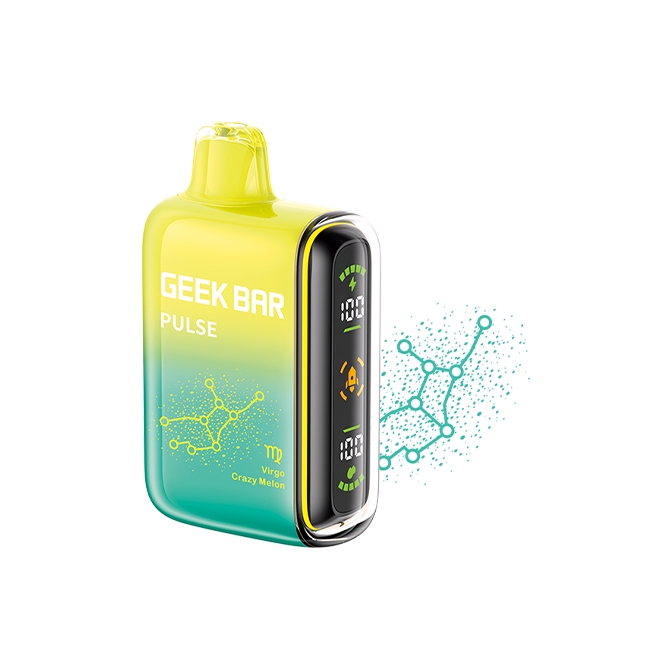 Geek Bar Pulse vape device with gradient design on a white background. Featuring Geekbar’s Zodiac series, Virgo Crazy Melon