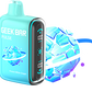 Blue vape device with digital display and ice cube graphics on a white background