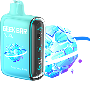 Blue vape device with digital display and ice cube graphics on a white background