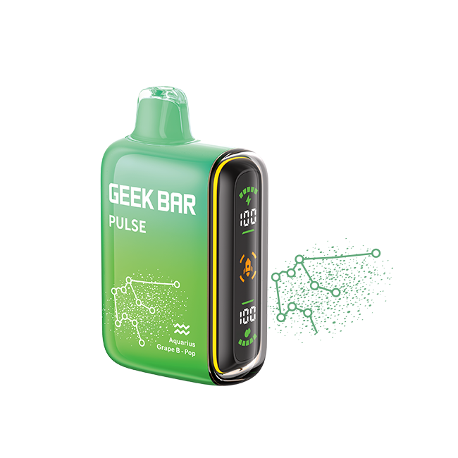 Green electronic device labeled 'Geek Bar Pulse' on a white background. Featuring their zodiac series- Aquarius grape B pop 