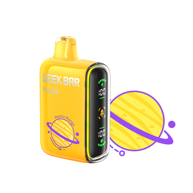 Yellow vape device with digital display and 'Geek Bar' branding on a white background. Featuring Geekbar’s planet series - Mexico mango