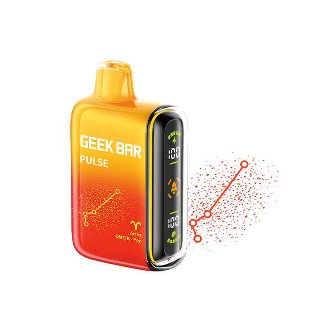 Orange colored Geek Bar Pulse from their Zodiac series. Featuring the Aries OMG-B Pop vape. 