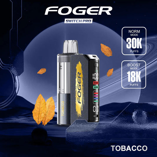 Foger Switch Pro vape device with nicotine information on a dark blue background